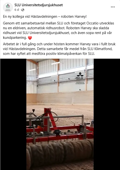 Prototyp av Occatios ridbanerobot Harvey i testmiljö på SLU